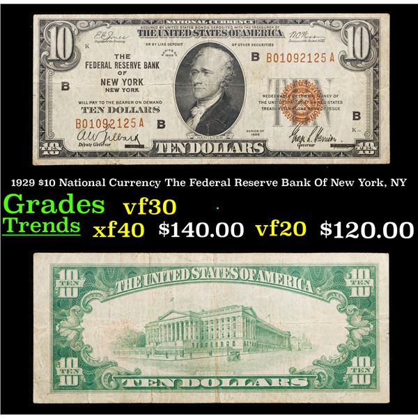 1929 $10 National Currency The Federal Reserve Bank Of New York, NY Grades vf++