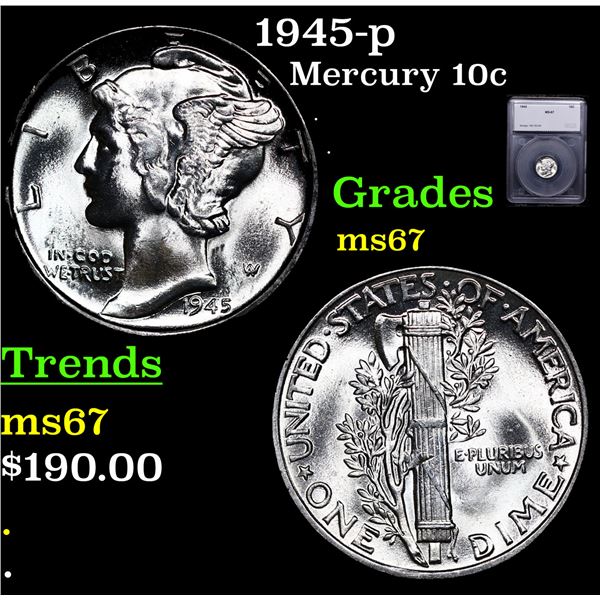 1945-p Mercury Dime 10c Graded ms67 BY SEGS