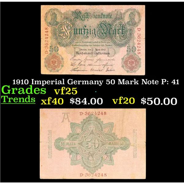 1910 Imperial Germany 50 Mark Note P: 41 Grades vf+