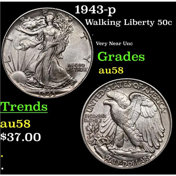 1943-p Walking Liberty Half Dollar 50c Grades Choice AU/BU Slider