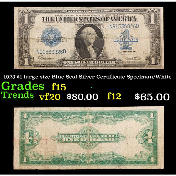 1923 $1 large size Blue Seal Silver Certificate Grades f+ Signatures Speelman/White