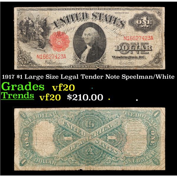 1917 $1 Large Size Legal Tender Note Grades vf, very fine Signatures Speelman/White