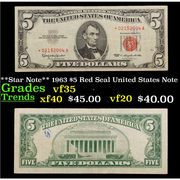 **Star Note** 1963 $5 Red Seal United States Note Grades vf++