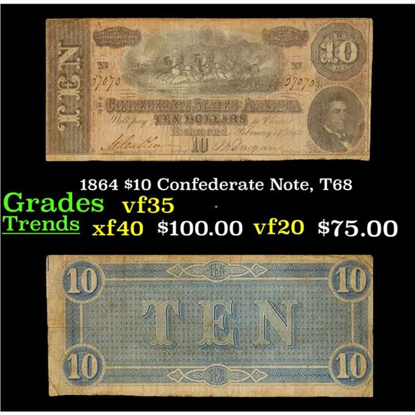 1864 $10 Confederate Note, T68 Grades vf++