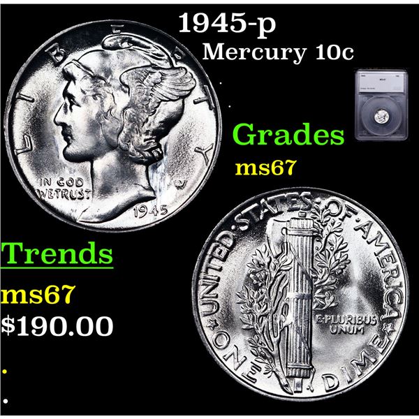 1945-p Mercury Dime 10c Graded ms67 BY SEGS