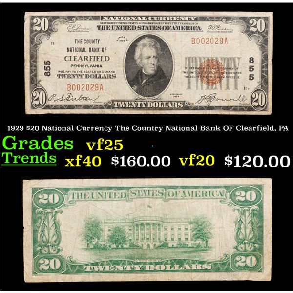 1929 $20 National Currency The Country National Bank OF Clearfield, PA Grades vf+