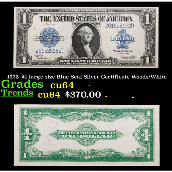 1923 $1 large size Blue Seal Silver Certificate Grades Choice CU Signatures Woods/White