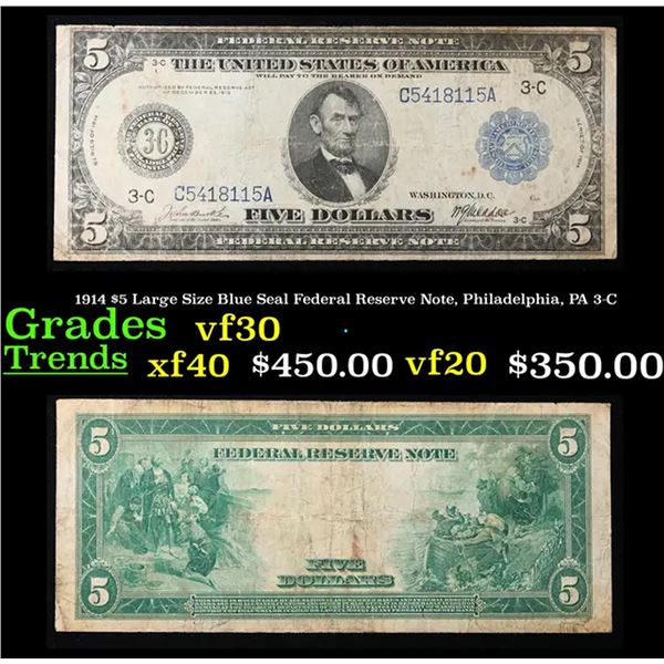 1914 $5 Large Size Blue Seal Federal Reserve Note, Philadelphia, PA 3-C Grades vf++