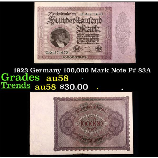 1923 Germany 100,000 Mark Note P# 83A Grades Choice AU/BU Slider