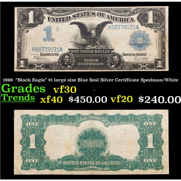 1899 "Black Eagle" $1 large size Blue Seal Silver Certificate Grades vf++ Signatures Speelman/White