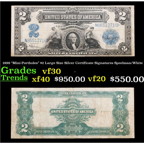 1899 "Mini-Portholes" $2 Large Size Silver Certificate Grades vf++ Signatures Speelman/White