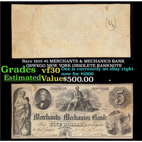 Rare 1855 $5 MERCHANTS & MECHANICS BANK OSWEGO NEW YORK OBSOLETE BANKNOTE Grades vf++