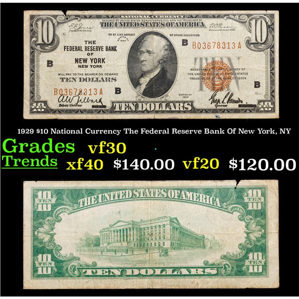 1929 $10 National Currency The Federal Reserve Bank Of New York, NY Grades vf++