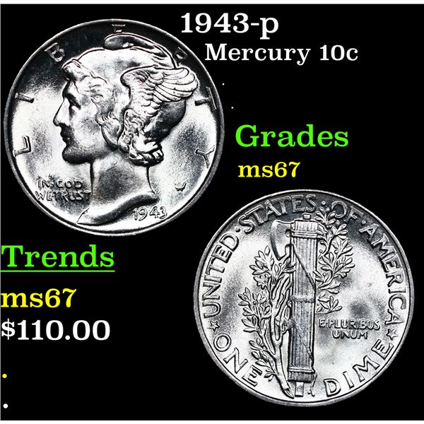 1943-p Mercury Dime 10c Grades GEM++ Unc