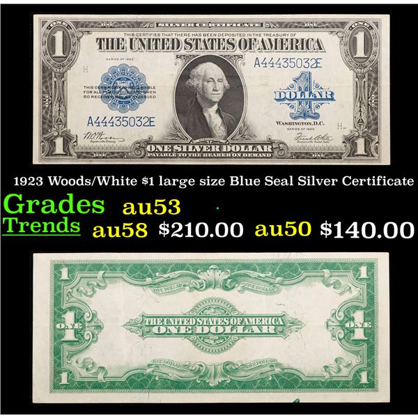 1923 $1 large size Blue Seal Silver Certificate Grades Select AU Signatures Woods/White