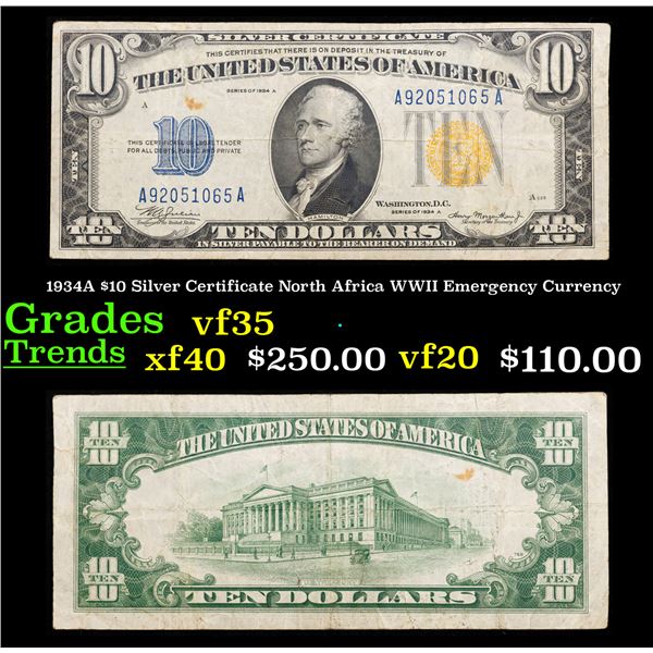 1934A $10 Silver Certificate North Africa WWII Emergency Currency Grades vf++