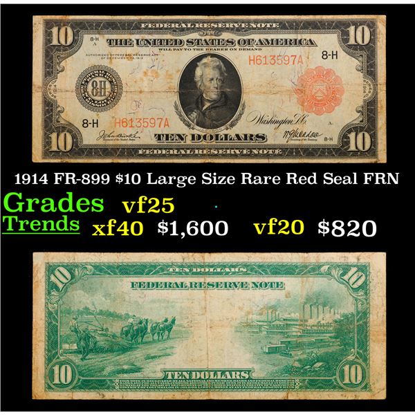 1914 Rare Red Seal $10 Large Size Red Seal FRN St. Louis, MO Grades vf+ FR-899