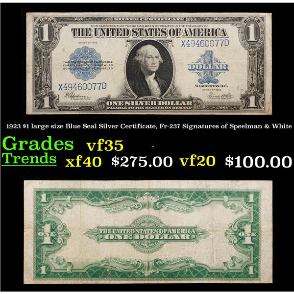 1923 $1 large size Blue Seal Silver Certificate, Fr-237 Signatures of Speelman & White Grades vf++