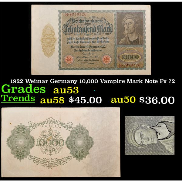 1922 Weimar Germany 10,000 Vampire Mark Note P# 72 Grades Select AU