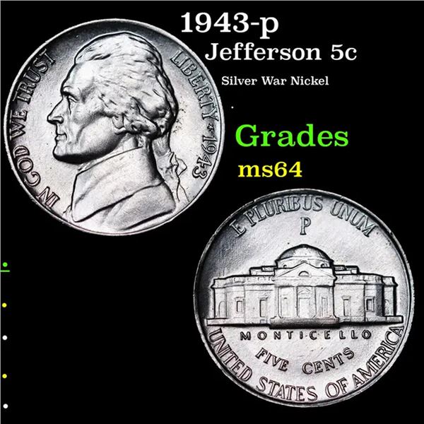 1943-p Jefferson Nickel 5c Grades Choice Unc