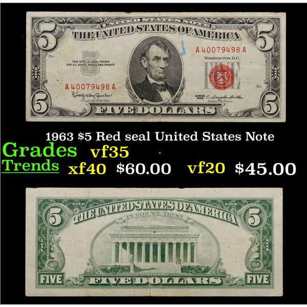 1963 $5 Red seal United States Note Grades vf++