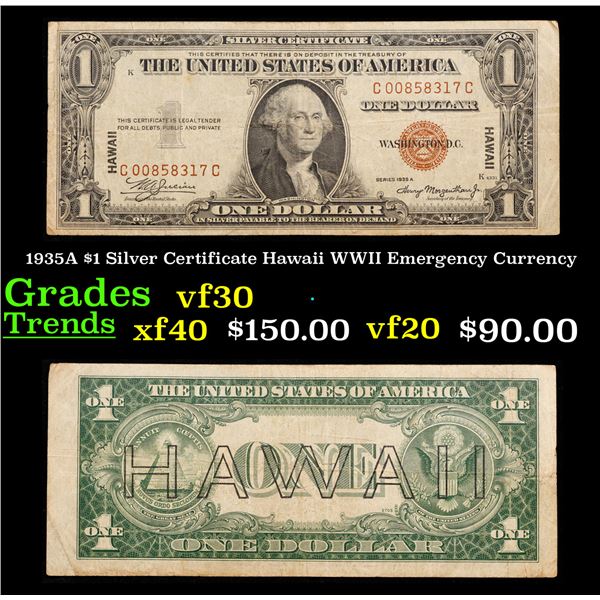 1935A $1 Silver Certificate Hawaii WWII Emergency Currency Grades vf++