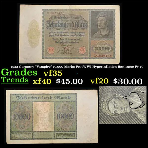 1922 Germany "Vampire" 10,000 Marks Post-WWI Hyperinflation Banknote P# 70 Grades vf++