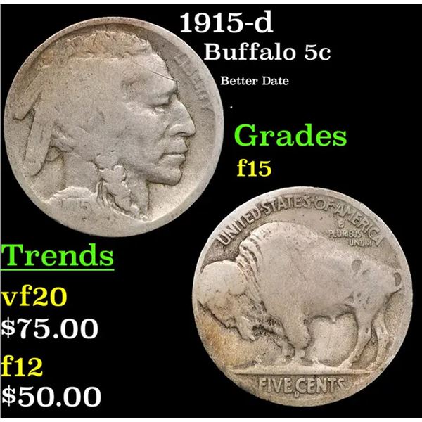 1915-d Buffalo Nickel 5c Grades f+