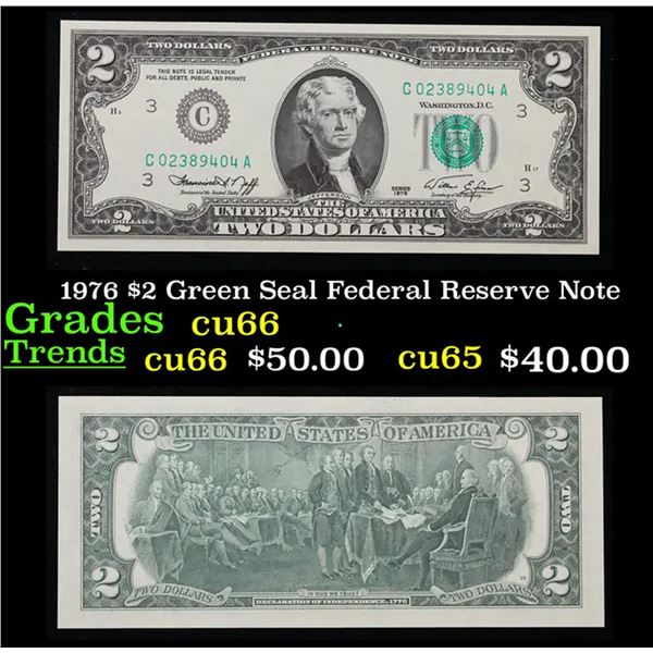 1976 $2 Green Seal Federal Reserve Note Grades Gem+ CU