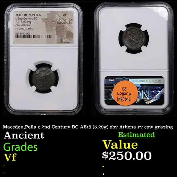 NGC Macedon,Pella c.2nd Century BC AE18 (5.29g) obv Athena rv cow grazing Graded Vf By NGC