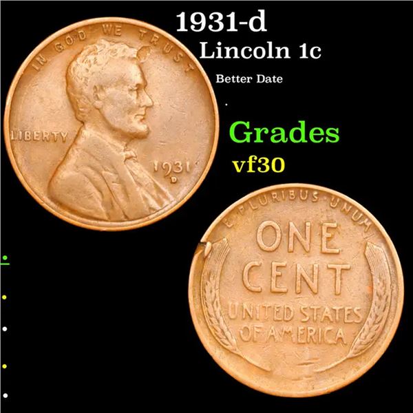 1931-d Lincoln Cent 1c Grades vf++