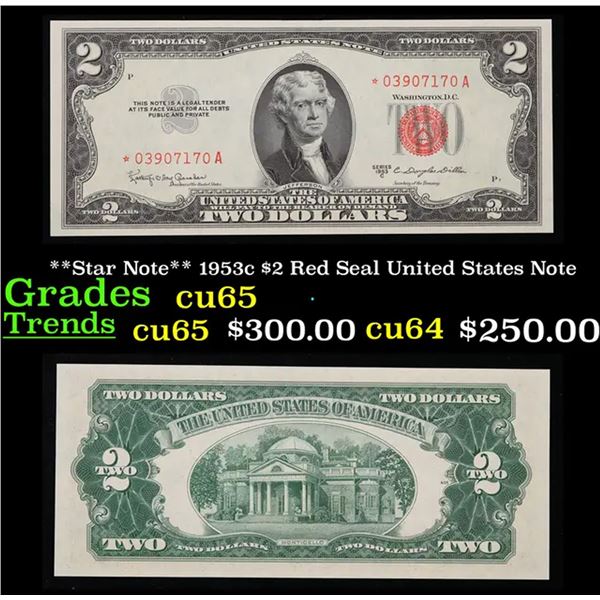 **Star Note** 1953c $2 Red Seal United States Note Grades Gem CU
