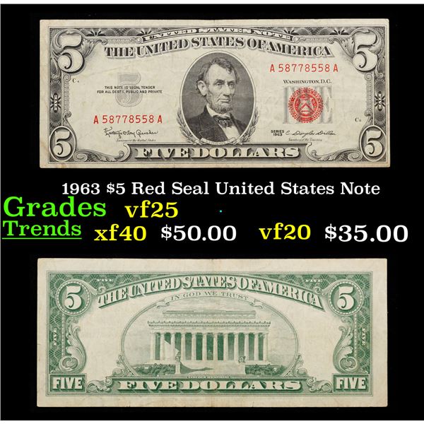 1963 $5 Red Seal United States Note Grades vf+