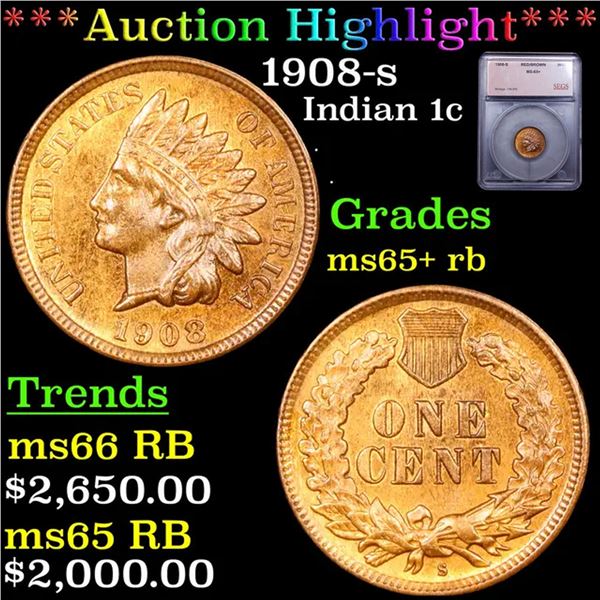 ***Auction Highlight*** 1908-s Indian Cent 1c Graded ms65+ rb By SEGS (fc)