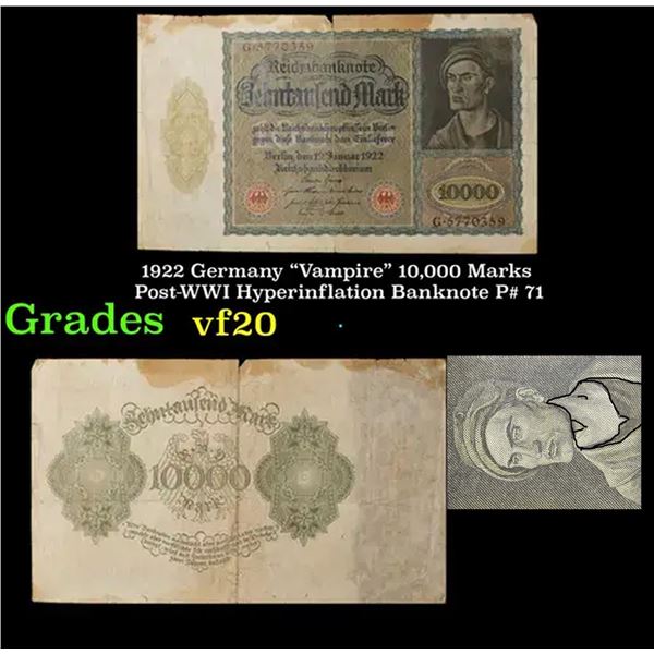 1922 Germany "Vampire" 10,000 Marks Post-WWI Hyperinflation Banknote P# 71 Grades vf, very fine