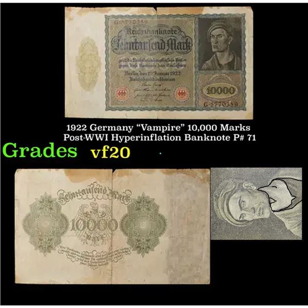 1922 Germany  Vampire  10,000 Marks Post-WWI Hyperinflation Banknote P# 71 Grades vf, very fine