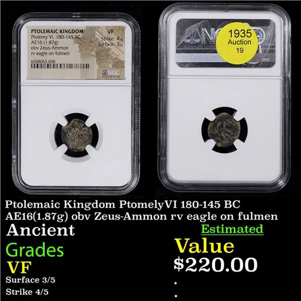NGC Ptolemaic Kingdom PtomelyVI 180-145 BC AE16(1.87g) obv Zeus-Ammon rv eagle on fulmen Graded VF B