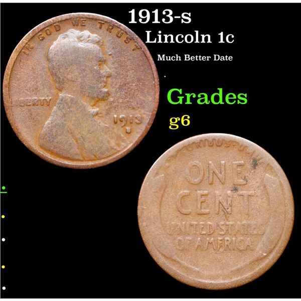 1913-s Lincoln Cent 1c Grades g+