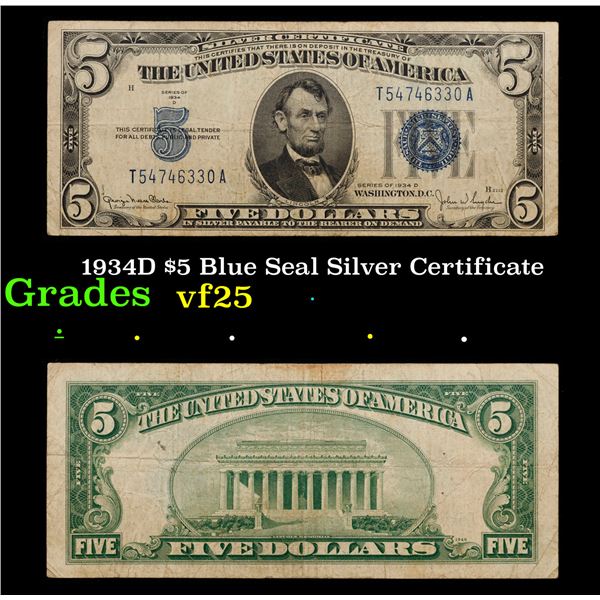 1934D $5 Blue Seal Silver Certificate Grades vf+