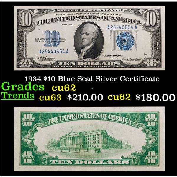 1934 $10 Blue Seal Silver Certificate Grades Select CU