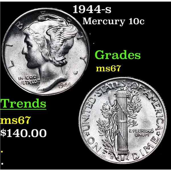 1944-s Mercury Dime 10c Grades GEM++ Unc