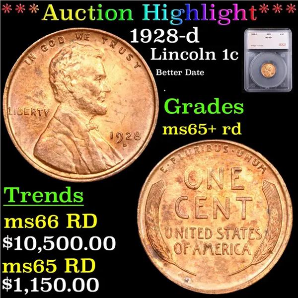 ***Auction Highlight*** 1928-d Lincoln Cent 1c Graded ms65+ rd By SEGS (fc)