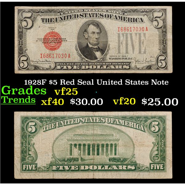 1928F $5 Red Seal United States Note Grades vf+