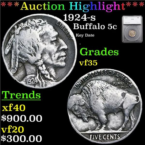 ***Auction Highlight*** 1924-s Buffalo Nickel 5c Graded vf35 By SEGS (fc)