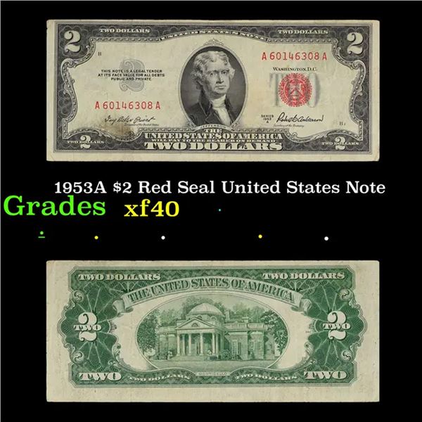 1953A $2 Red Seal United States Note Grades xf