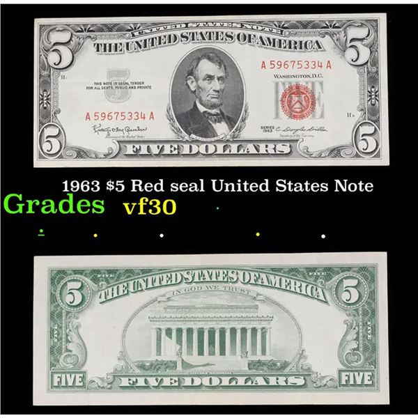 1963 $5 Red seal United States Note Grades vf++