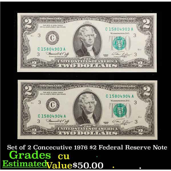 Set of 2 Concecutive 1976 $2 Federal Reserve Note Grades CU