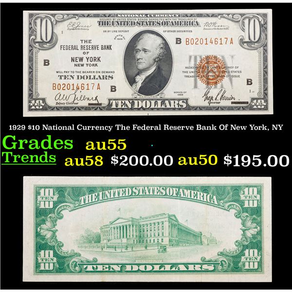 1929 $10 National Currency The Federal Reserve Bank Of New York, NY Grades Choice AU