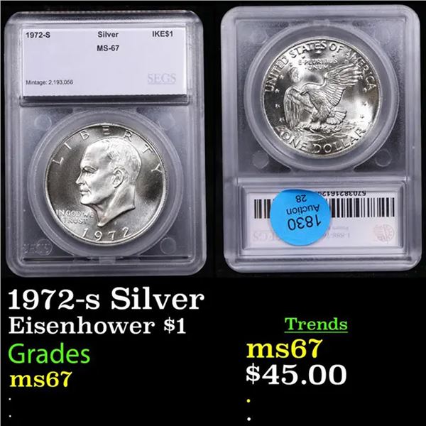 1972-s Silver Eisenhower Dollar $1 Graded ms67 By SEGS