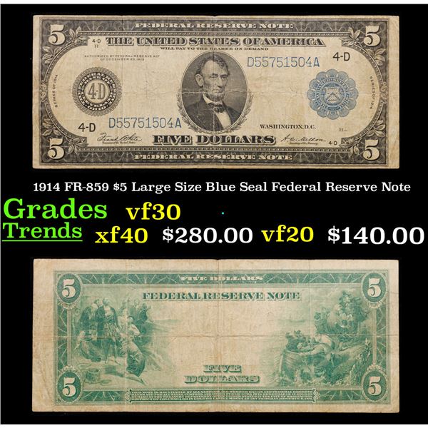 1914 $5 Large Size Blue Seal Federal Reserve Note Cleveland, OH Grades vf++ FR-859